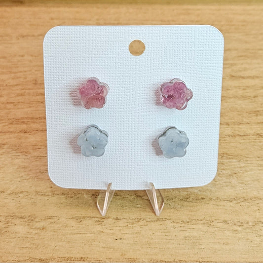 Resin Flower Stud Set. Angelite and Pink Tourmaline.