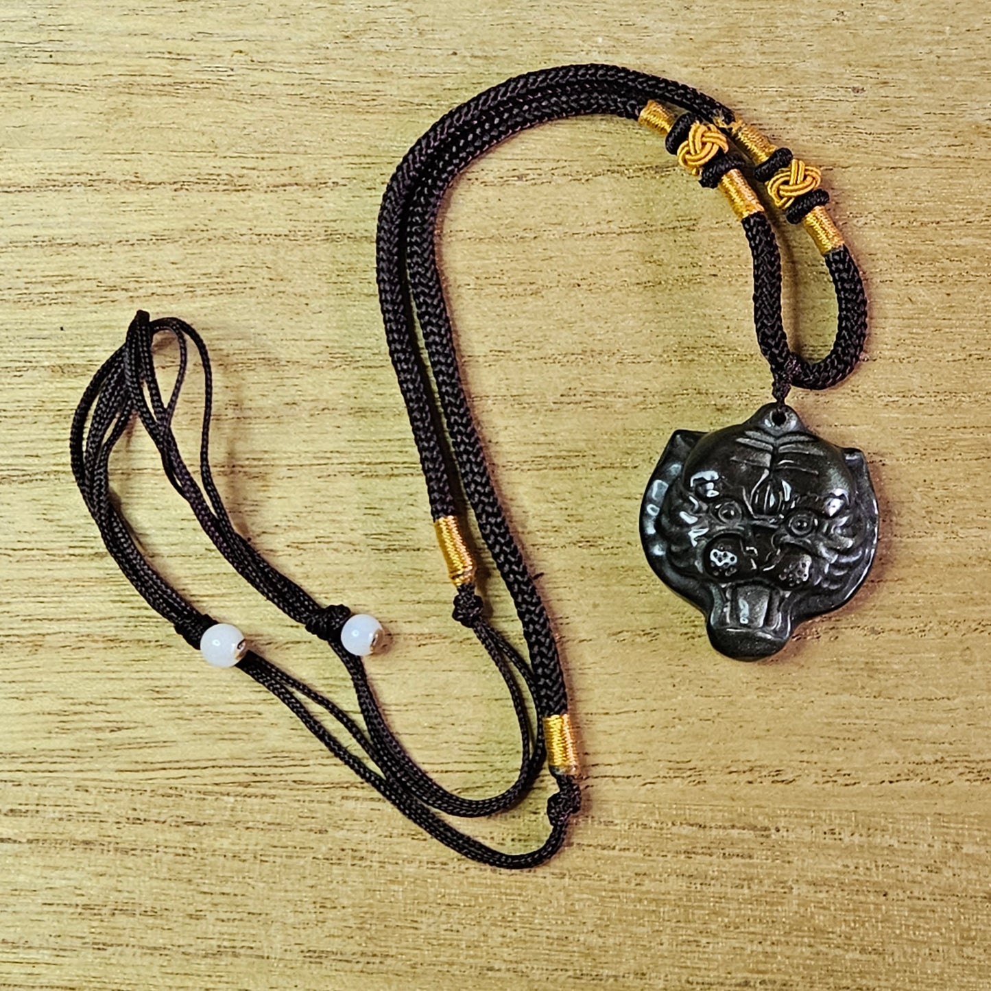 Silver Sheen Obsidian Tiger Pendant & Fabric Necklace.
