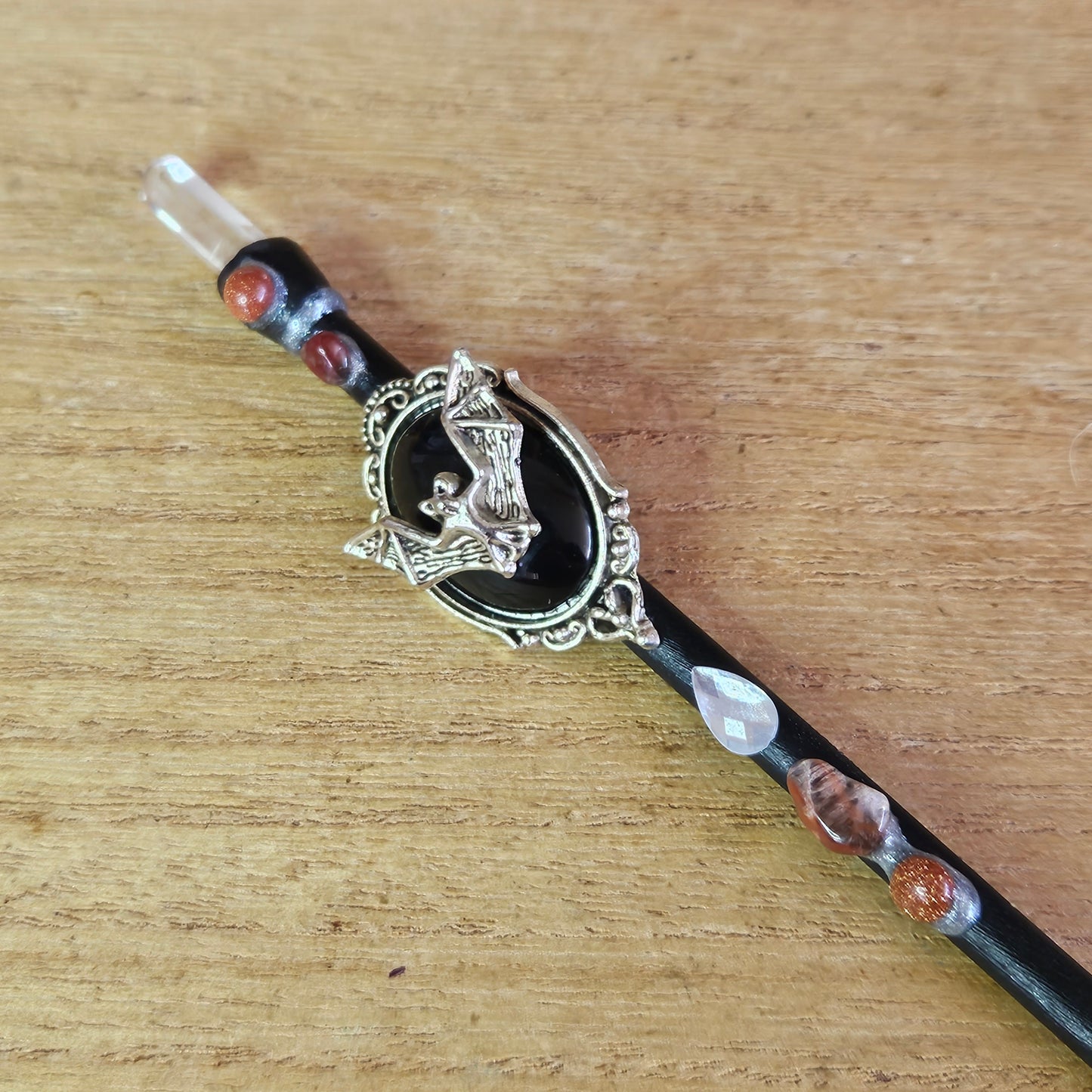 Black Bat Wand. Clear Quartz.
