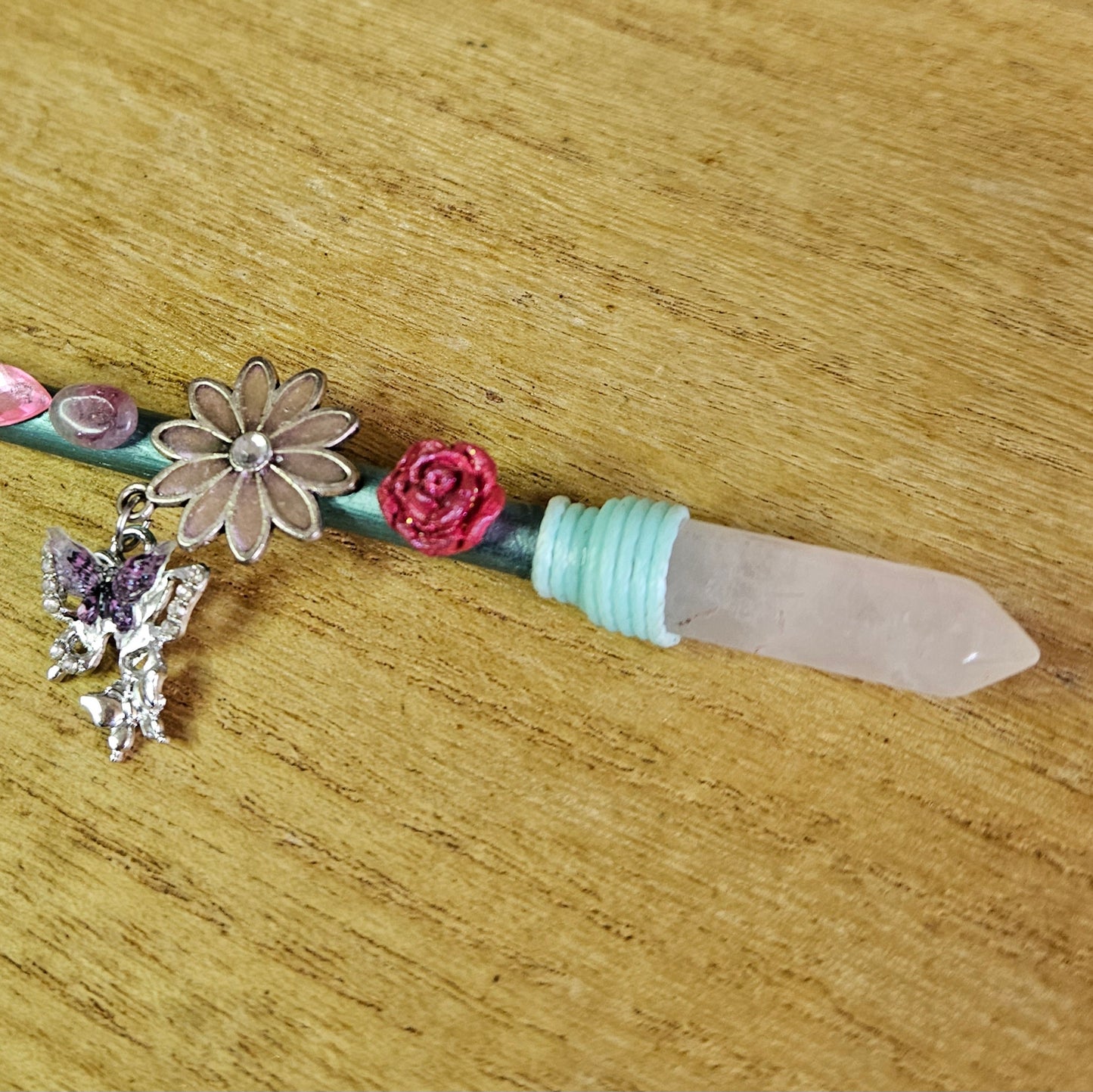 Green Butterfly & Flower Wand. Rose Quartz.