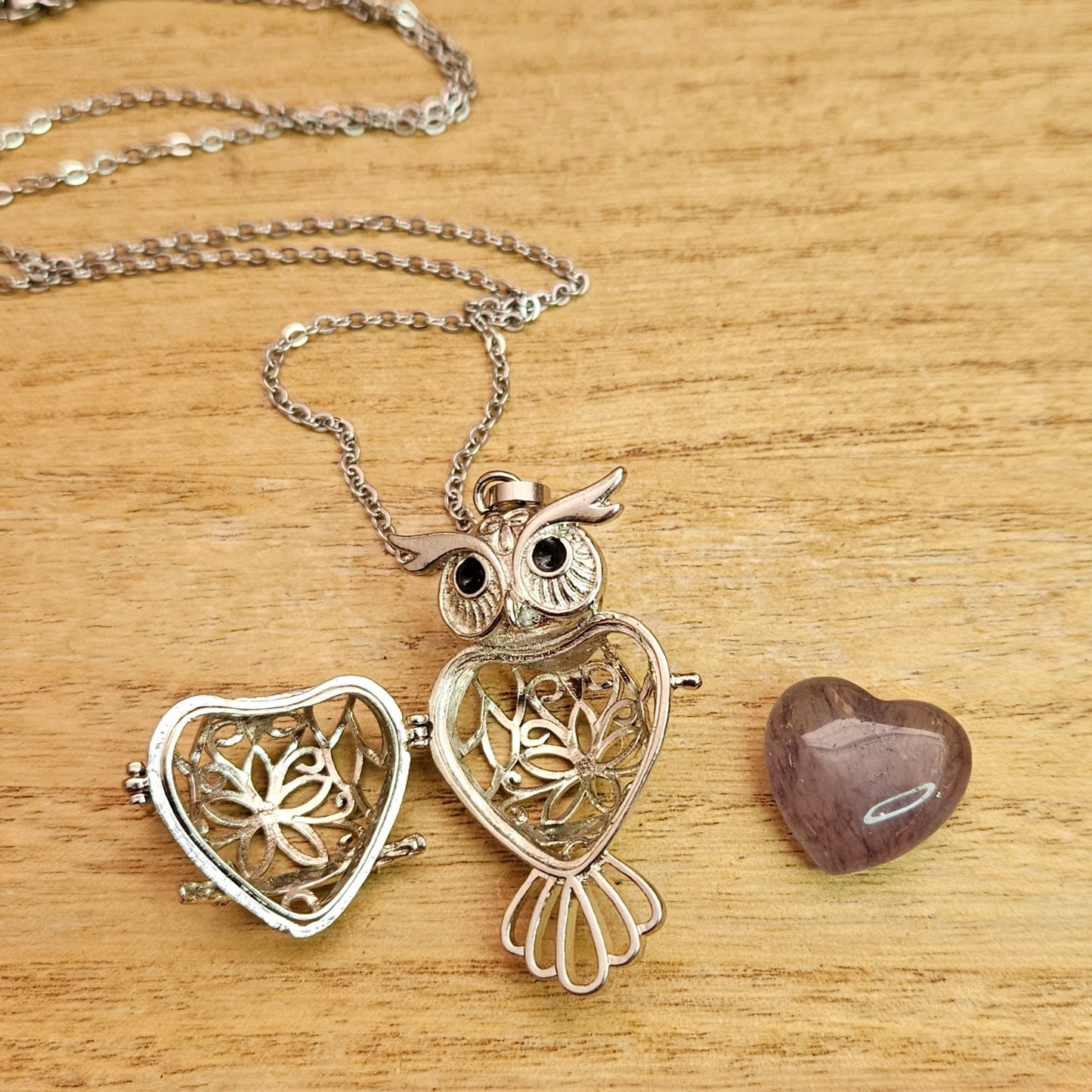 Owl Cage Necklace & Fluorite Heart.