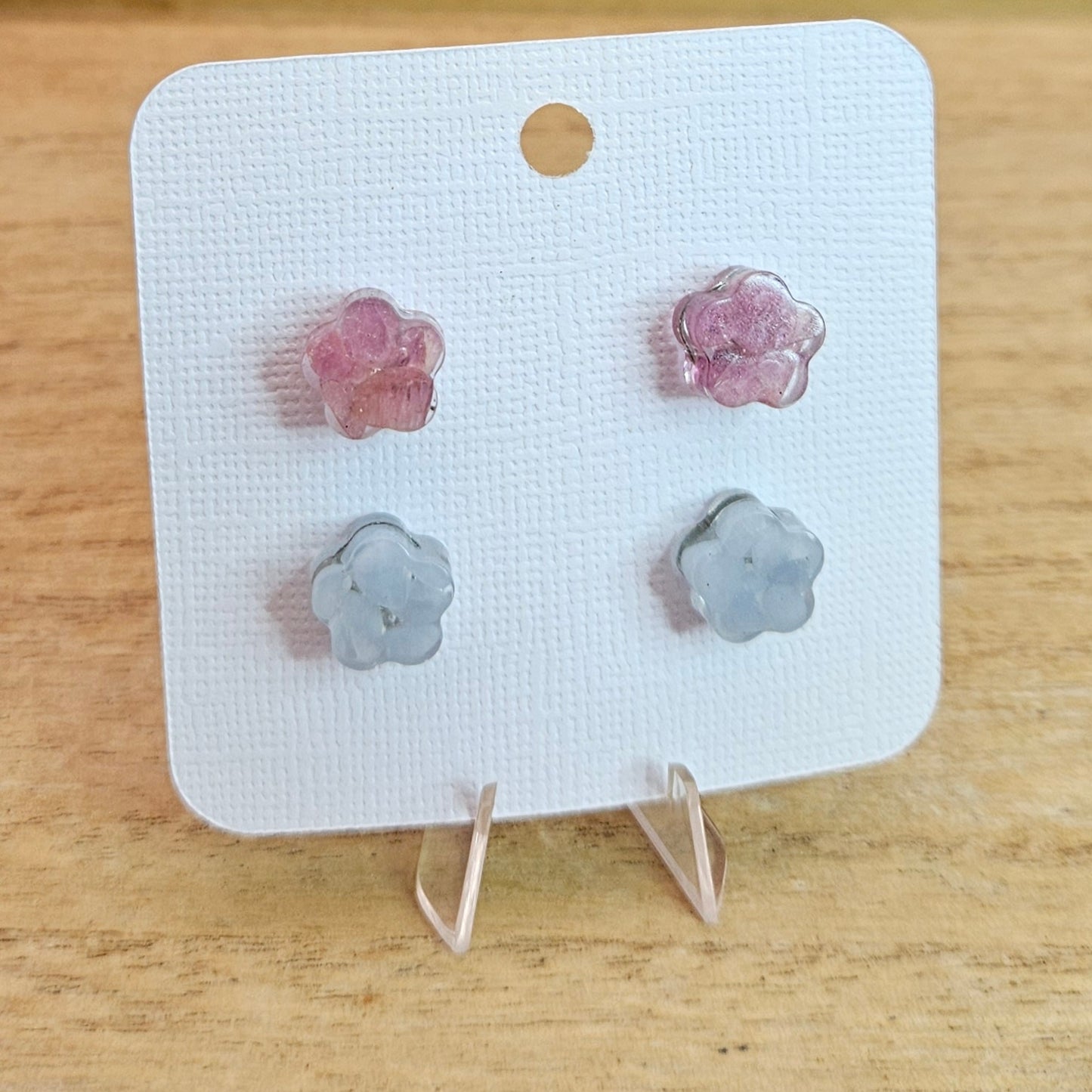 Resin Flower Stud Set. Angelite and Pink Tourmaline.